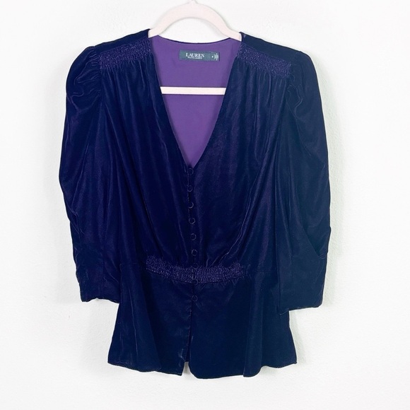 Lauren Ralph Lauren Black Label Velvet Button Down Puff Sleeve Top Purple size 8 - Picture 9 of 10